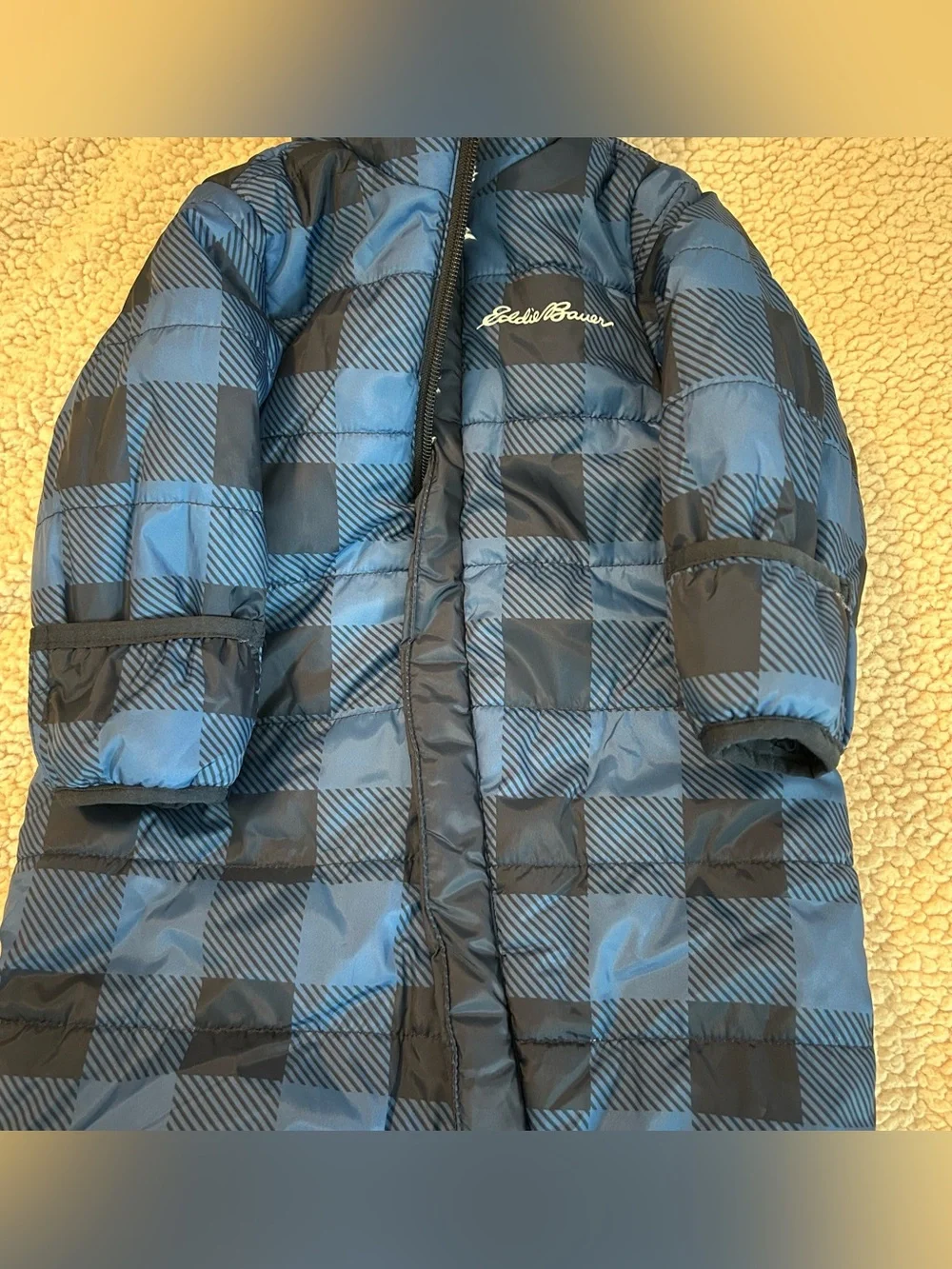 Eddie Bauer baby snowsuit blue and black plaid fullzip with sherpalined hood 3/6